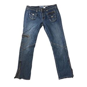 Vintage Y2K 2000s Old Navy Blue Denim Low Rise Cargo Jeans Zip Flare Bootcut Leg